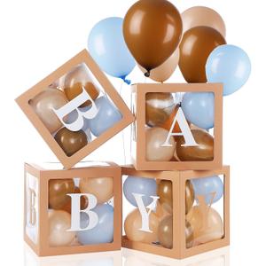 Zhanmai Baby Boxes for Bear Baby Shower Decoration with 4 Letters 36 Balloons 4pcs Transparent Clear Balloon Box Blocks for Boy Girl Balloon Boxes Gender Reveal Party Favors (Brown, Apricot, Blue)