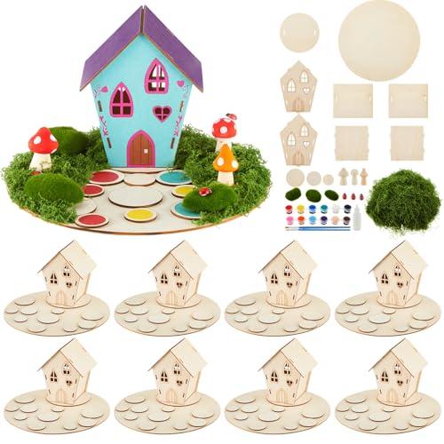 Kathfly 8 Sets Wooden Fairy House Craft Kit for Kids with Paints & Decorations, Unpainted Miniature Garden Accessories for Home Event Party Decorations, Arts Birthday Party Favors (Fairy House)