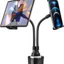 Cup Holder Tablet Mount for Car, [Double Device Clamp] Dual iPad Phone Car Mount with 10" Gooseneck Adjustable Arm for iPad Pro Air Mini, Galaxy Tabs, Z Fold, Fire HD, iPhone, 4.7-13" Devices