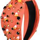 Halloween Knotted Headband for Women Crystal Pumpkin Candy Corn Houndstooth Hairband Halloween Hair Accessories Gift