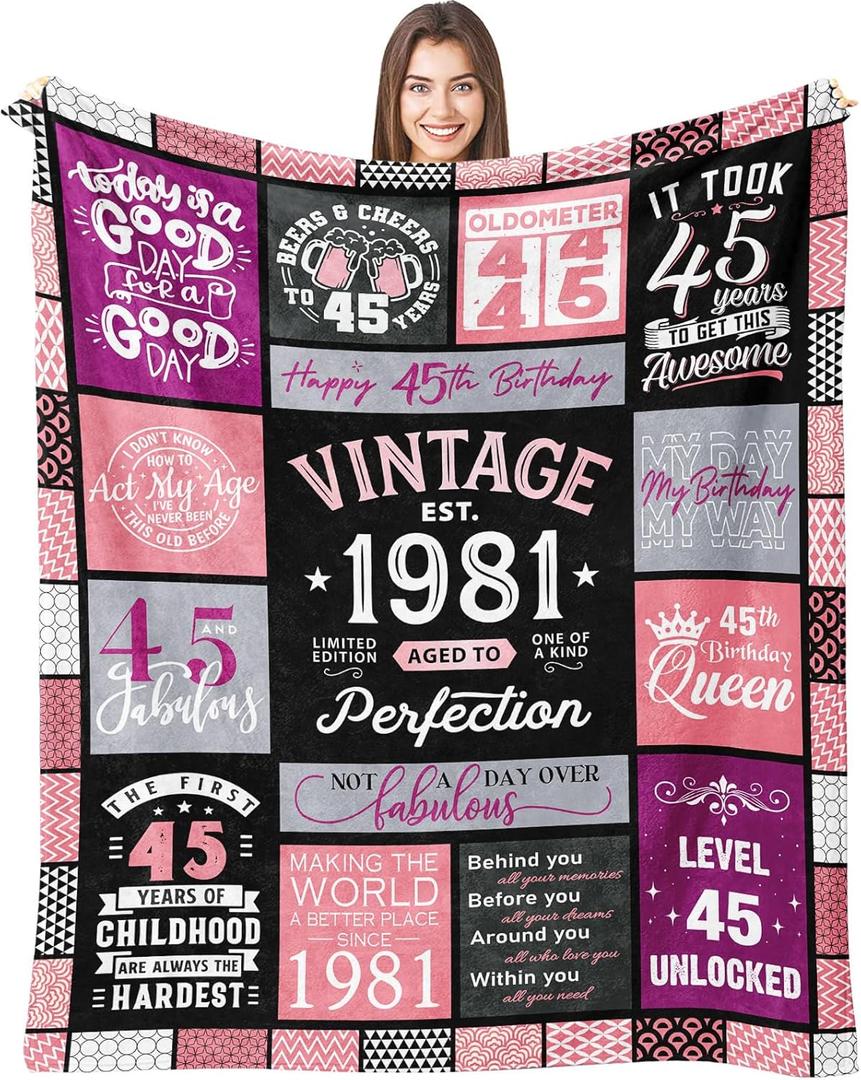 45th Birthday Gifts for Women, 45 Year Old Birthday Gifts for Women, Happy 45 Bday Present for Woman, 1981 Gift for Woman Throw Blanket 60" X 50", Best Bday Present for 45 Year Old Female