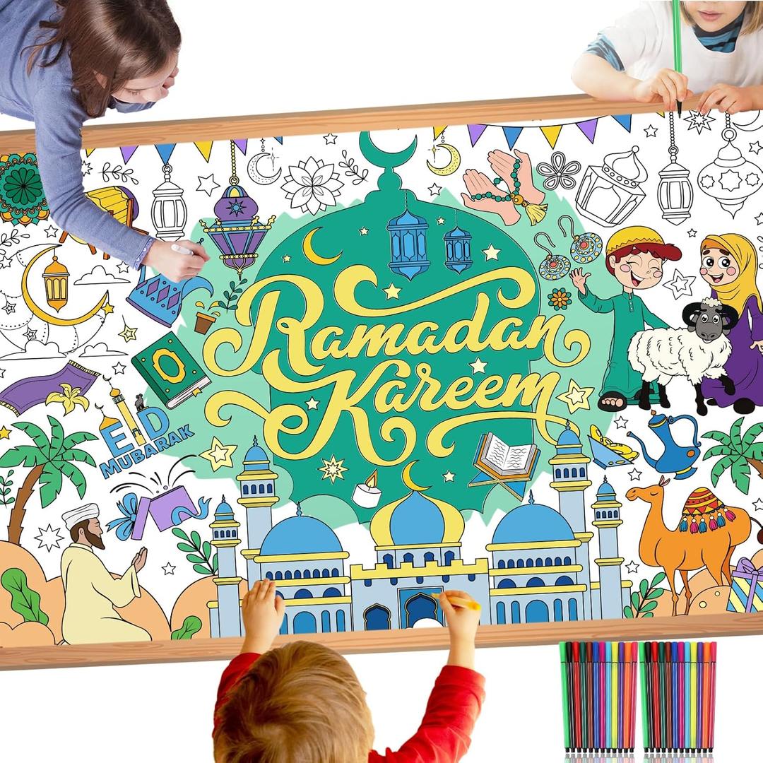 HOWAF Ramadan Mubarak Coloring Poster with 24 (12 Colors) Paint Pens, Eid Mubarak Coloring Poster Banner for Eid Party Decoration Supplies, Ramadan Kareem Party Decor Table Cover Banner