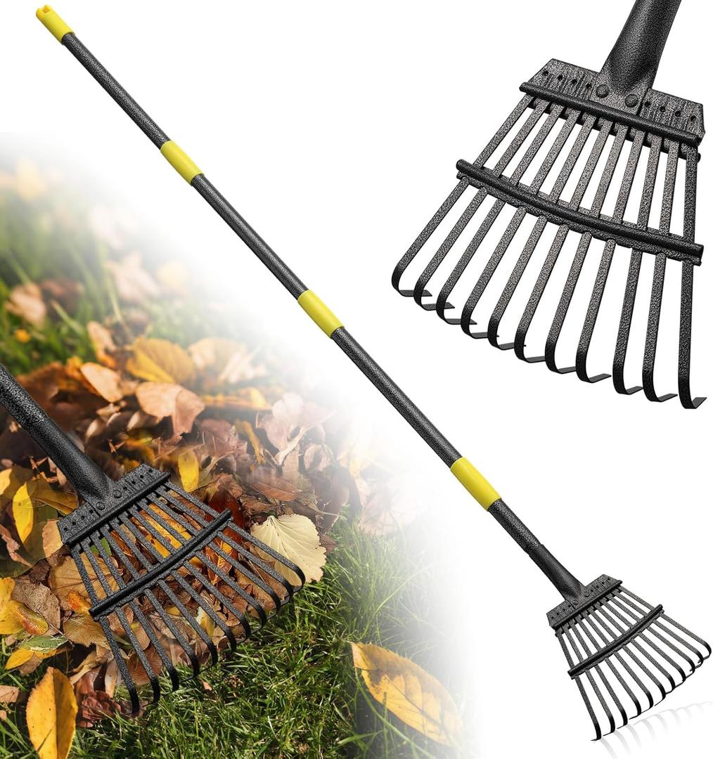 Rake for Leaves: Small Metal Garden Rake, 8.5" Wide, 11 Metal Tines,Heavy Duty Lightweight Kids Leaf Rakes for Small Lawn Yard Shrub,Tight Spot Garden Bed Leaf Debris Picking Cleaning, 60 Long Handle