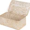 FEIALNDUO Wicker Shelf Baskets with Lid,Seagrass Storage Basket Bins Rectangular Handwoven Basket Boxes for Shelves Desktop Home Organizer (Whitewash, X-Small)