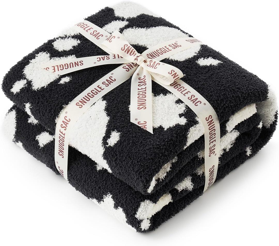 Snuggle Sac Cow Pattern Throw Blanket for Couch - Ultra Soft Microfiber Blanket, Plush Warm Reversible Blanket, Cow Jacquard Knitted Throw for Sofa & Bed, Black Cow, 50x60 inches