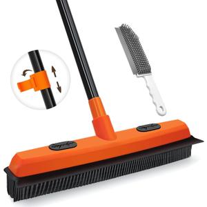 JEHONN Rubber Broom Carpet Rake for Pet Hair Remover, Fur Removal with Squeegee, Portable Detailing Brush Brush, 52.8 Inches Telescopic Long Handle for Fluff Carpet