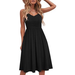 YATHON Casual Dresses for Women Sleeveless Cotton Summer Beach Dress A Line Spaghetti Strap Sundresses with Pockets, L