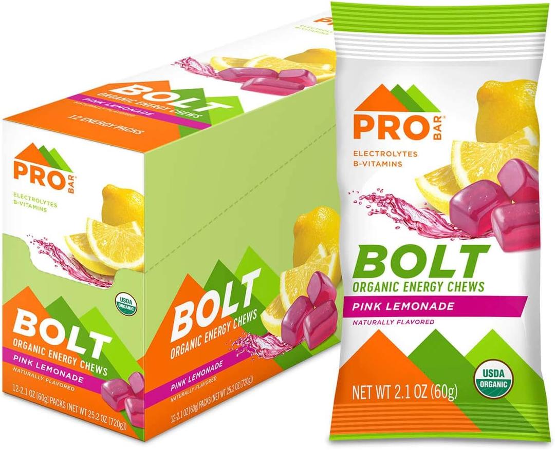 PROBAR - Bolt Organic Energy Chews, Pink Lemonade, Non-GMO, Gluten-Free, USDA Certified Organic, Healthy, Natural Energy, Fast Fuel Gummies with Vitamins B & C (12 Count) (EXP 02/02/26)