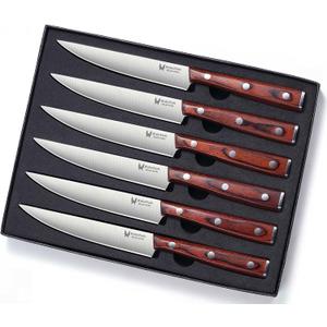 Steak Knives Set of 6 - Ultra Sharp Easy to Hold - Full Tang Wood Handle High Carbon Stainless Steel, Straight Edge Non Serrated - 5'' Kitchen Dinner Knife Cutlery Set in Gift Box (Straight Edge Set 6)