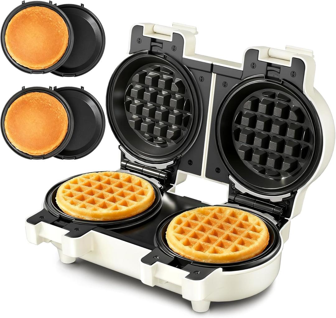 2-in-1 Double Waffle & Pancake Maker - CACHOO Mini 4" Nonstick Waffle Iron & Small Round Griddle with 4 Removable Plate Sets, Dishwasher Safe, Perfect for Small Spaces, Apartments & Dorms, Beige