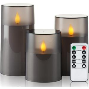 Homemory Flameless Candles Set of 3, Grey Acrylic LED Candles Upgraded Realistic Battery Operated Flames with Remote & Timer, Waterproof for Indoor,Outdoor Decor, Halloween & Christmas Lanterns (D3.15"H4"5"6", Gray)