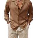 URRU Mens Summer 2 Piece Set Casual Beach Outfits Long Sleeve Shirts and Shorts Vacation Linen Sets for Men Brown/Khaki S