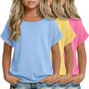 3 Pack Girls Short Sleeve T Shirts Kids Loose Fit Crew Neck Tops Rolled Cuff Summer Basic Casual Blouse (11-12 Years, Sky Blue, Yellow, Peach Pink)