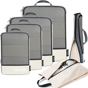 BAGAIL 4 Set/6 Set/8 Set Compression Packing Cubes Travel Accessories Expandable Packing Organizers (Half Mesh, 6-Beige), 13.75 Inches X 12.75 Inches X 4.5 Inches
