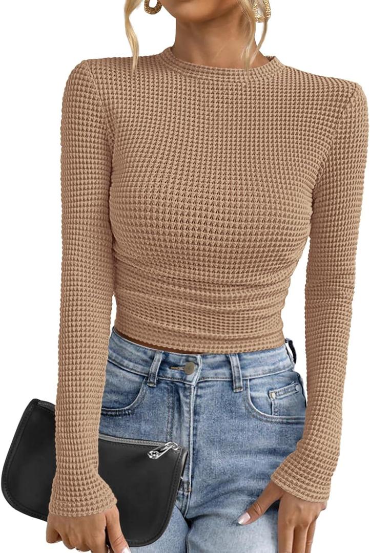 PRETTYGARDEN Womens Tops 2025 Fall Long Sleeve Fitted T Shirts Waffle Ruched Crop Shirt Basic Knit Workout Y2k Clothes (Medium, Khaki)