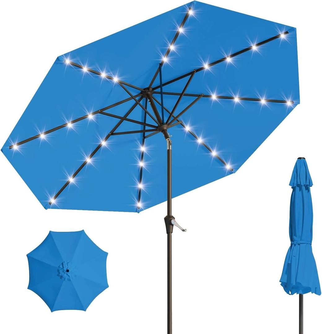 9FT Solar Umbrella 32 LED Lighted Patio Umbrella Table Market Umbrella w/Tilt and Crank Outdoor Umbrellas for Garden, Deck, Backyard, Pool and Beach, Royal Blue