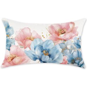 ONWAY Spring Floral Lumbar Pillow Cover 12x20 Inch Farmhouse Blue Pink Flowers Chinoiserie Decorative Pillowcase Outdoor Patio Cushion Case for Sofa Couch Home