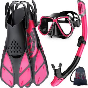 Mask Fins Snorkel Set, Snorkeling Gear for Adults, Panoramic View Snorkel Mask Anti-Fog, Adjustable Dive Flippers, Dry Top Snorkel and Travel Bag, Scuba Gear for Swimming Snorkeling Diving (Small-Medium, Pink Black)