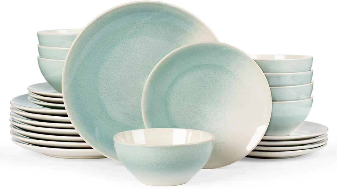 Famiware Glacier Dinnerware Sets, Plates and Bowls Dish Sets for 8 (24 Pieces), Stoneware Tableware - Dishwasher and Microwave Safe, Handcrafted Reactive Glaze, Aqua