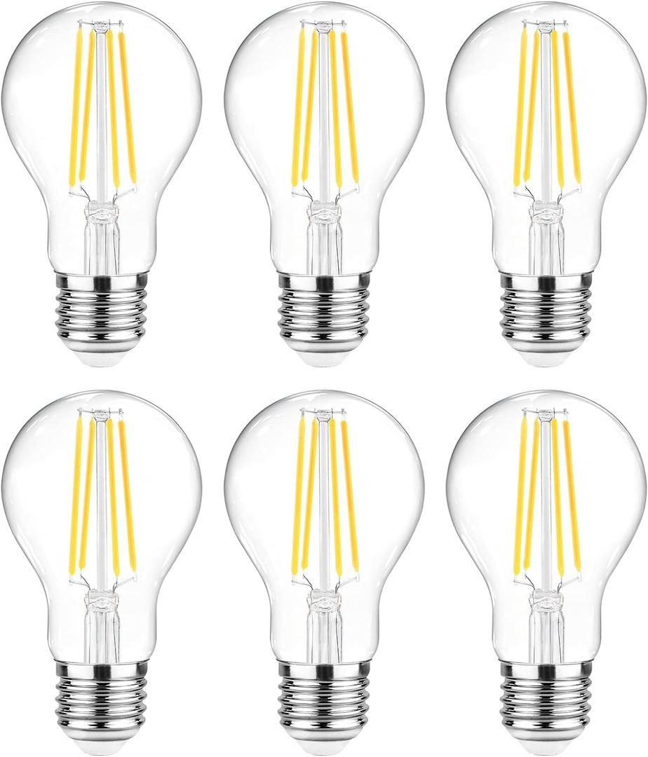 Ascher 60 Watt Equivalent, E26 LED Filament Light Bulbs, Daylight White 4000K, Non-Dimmable, Classic Clear Glass, A19 LED Light Bulb with 80 CRI, Pack of 6