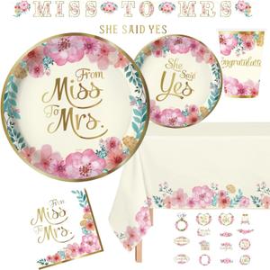 Serves 24 Complete Party Pack She Said Yes! Miss to Mrs. Wedding Party Supplies Includes Paper Plates Cups Napkins Banners Cutouts Table cover 30 Balloons