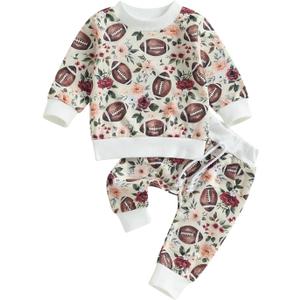 Newborn Baby Girl Boy Clothes Football Long Sleeve Crewneck Pullover Sweatshirt Long Pants Fall Winter Outfit (Beige)