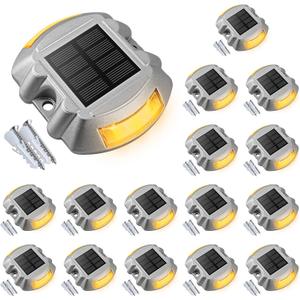 VOLISUN Solar Deck Lights Driveway Dock Lights, 16-Pack Led IP68 Waterproof Outdoor Warning Step Lights for Driveway Sidewalk Garden Pathway Yard(Warm White, Auto On/Off