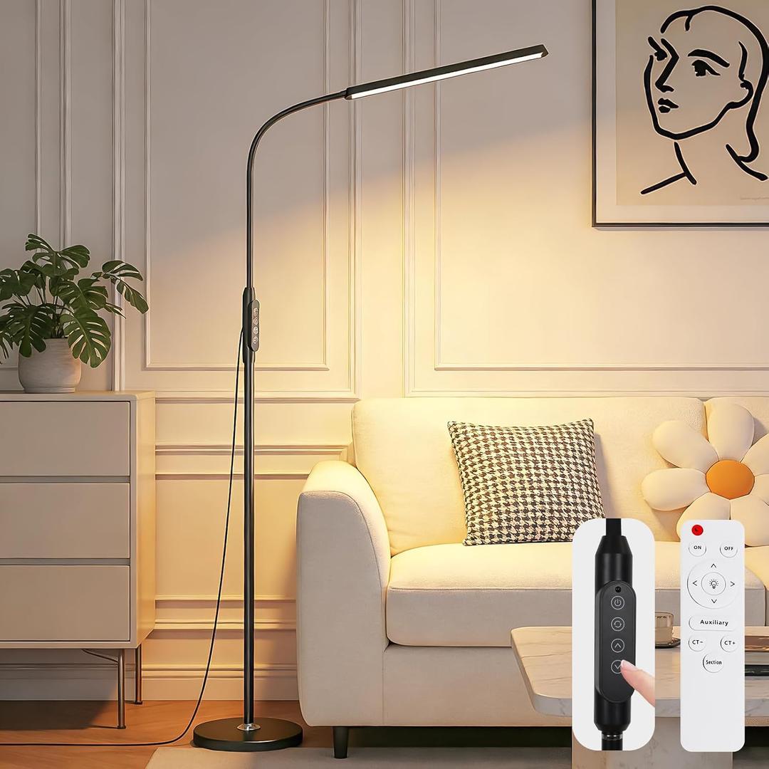 Bright LED Eye-Protecting Reading Floor Lamps Touch and Remote Dimming 3000-6000k, Tattoo Craft Drawing Makeup Adjustable Gooseneck Standing Light,Living Room Chair Sofa Bedroom Office