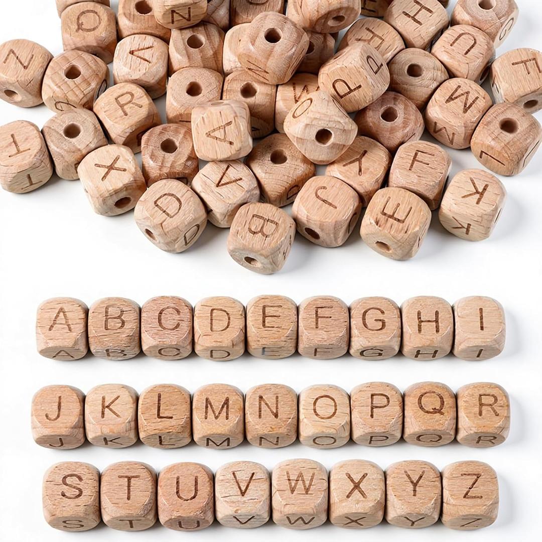 52 PCS 12mm Wooden Cube Letter Bead, A-Z Square Large Alphabet Cube Beads, Large Hole Wood Spacer Beads Bulk for Jewelry Making Bracelet Necklaces DIY Crafts
