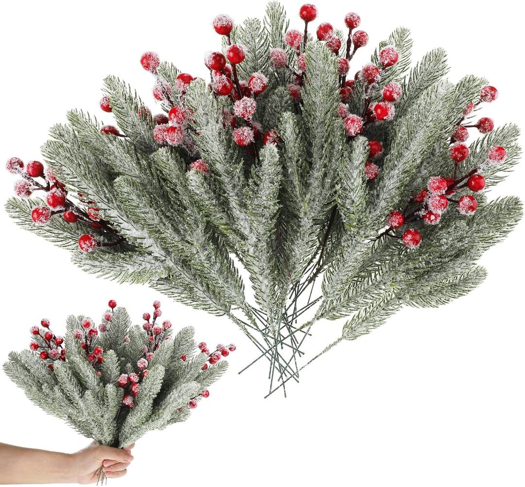60 Pcs Christmas Artificial Snowy Pine Needles Branches with Red Berry Stems Pine Tree Decor 11.4'' Pine Needles for Winter Holiday Xmas Wreath Garland Home Garden Party Decoration