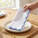 PurpleEssences Scalloped Embroidery Cloth Napkins - Spring Easter Summer - Table Decor - 100% Cotton - Set of 4-18x18 inch - White - Edges - Light Blue