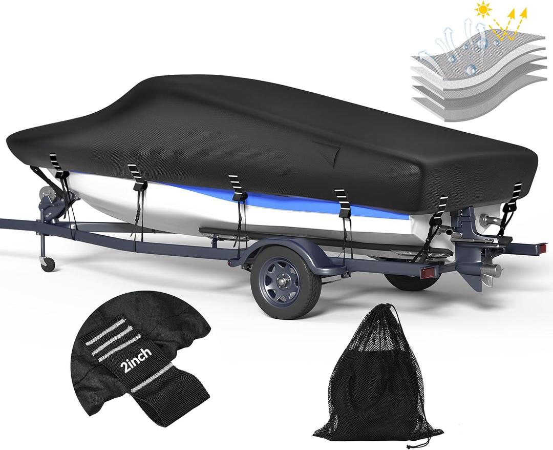 5-ply 1200D Boat Cover with Storage Bag & Widened Straps for Trailering & Mooring Fits 14-16ft Bass Boat, V-Hull, Tri-Hull Runabout Pro-Style Fishing Boat - Waterproof Anti-uv and Breathable (Length 14'-16', Beam width up to 90'', Black)