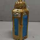 VELA LANTERNS 10.5" Gold Moroccan Candle Lantern Decorative Candle Holder Lamp for Table or Hanging, Ramadan Decorations, Indoor Home Decor, Outdoor Patio or Porch, Weddings, Blue Glass, Medium