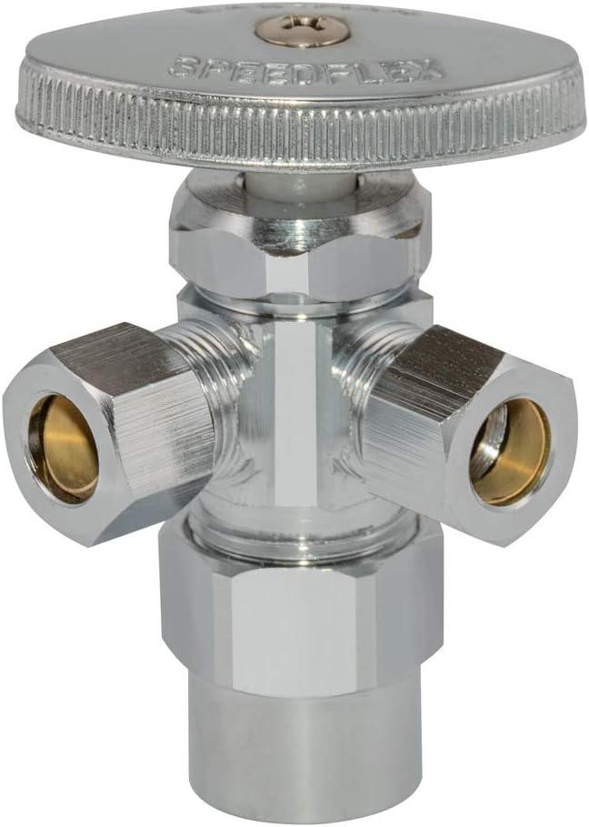 Eastman Multi-Turn Dual Outlet 3-Way Shut-Off Valve, 1/2 Inch CPVC x 3/8 Inch OD Compression, Chrome Plated, 04349LF