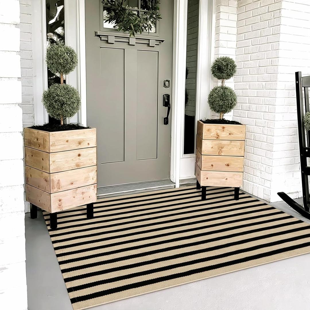 OJIA Washable Outdoor Rug 3'x5', Black and Tan Striped Outdoor Porch Rug Entryway Rugs Indoor Front Door Mat Outside Entrance Cotton Floor Carpet for Entry/Patio/Living Room/Balcony/Deck Decor