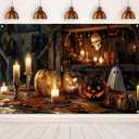 Halloween Banner 71x43 Inch Rustic Pumpkin Backdrop Banner with Candles and Ghost Scene Trick or Treat Sign for Indoor Wall or Porch Halloween Decorations Outdoor with Hooks and Rope