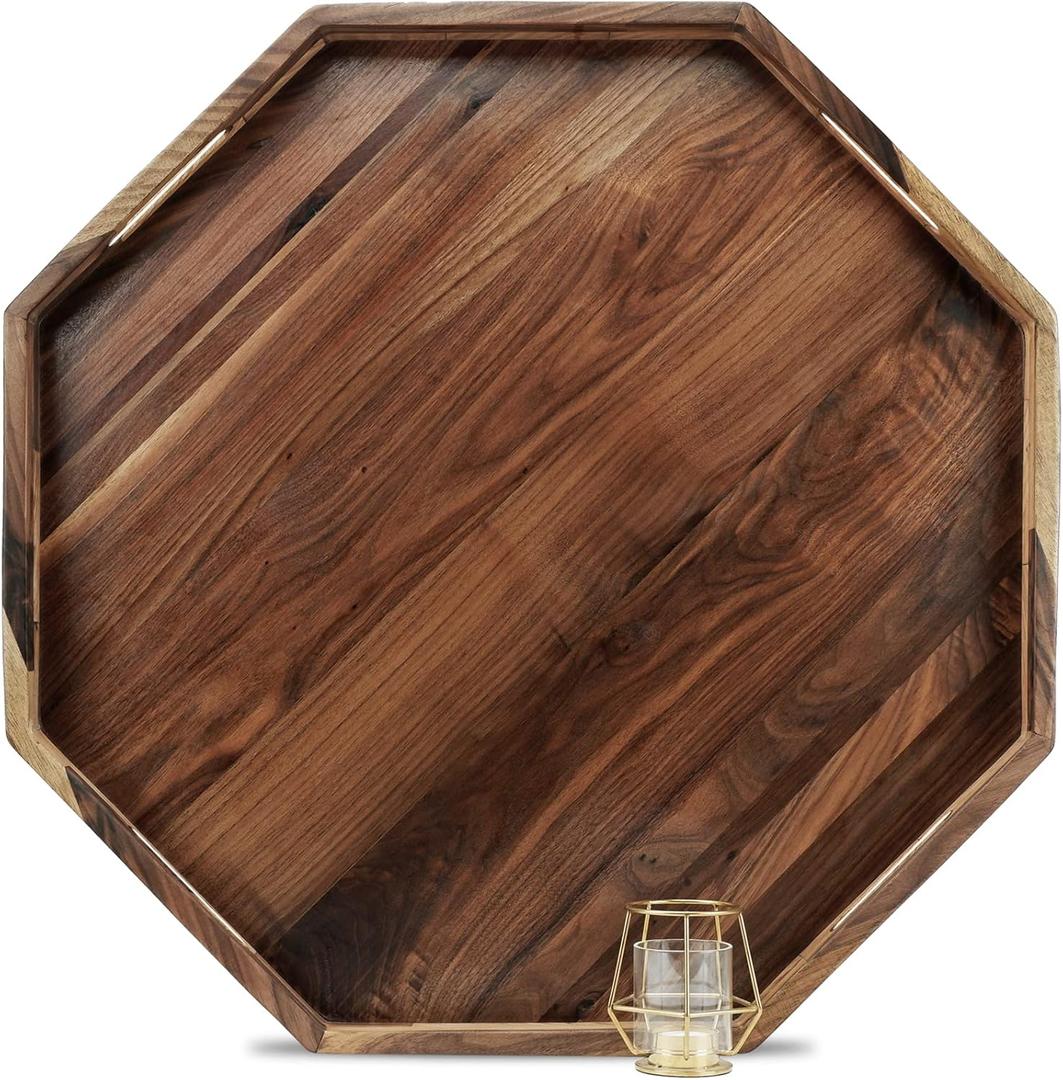 26 Inches Extra Large Octagonal Black Walnut Wood Ottoman Tray with Handles, Serve Tea, Coffee Classic Wooden Decorative Serving Tray