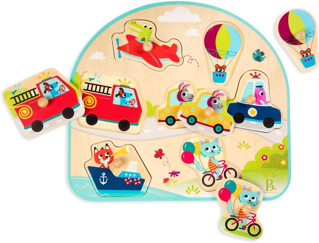 B. toys  Wooden Peg Puzzle  Vehicles Peg Puzzle For Toddlers, Kids  7 Chunky Pieces  18 Months +  Vehicles On the Go!