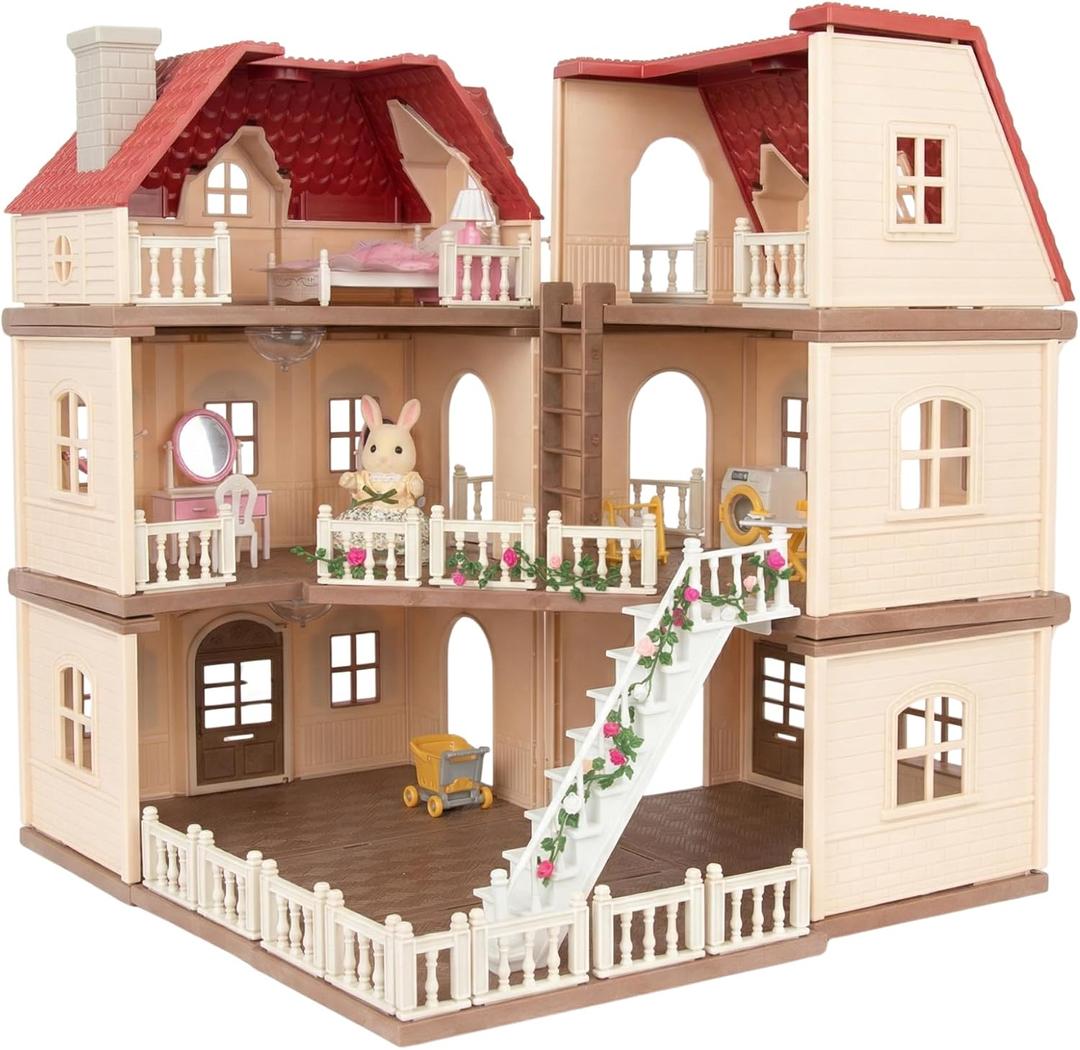 Family Manor Doll House — Large 3-Story Modular Playhouse with Furniture, Bunny Figures & Accessories, Ultimate Pretend Play Home for Kids Ages 3+, 1:12
