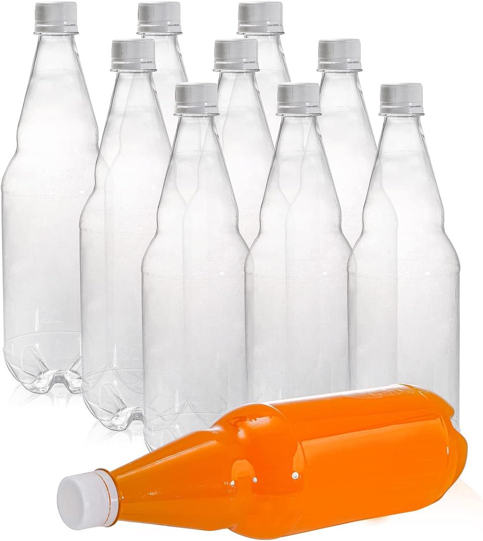 Hiceeden 10 Pcs 33 oz Plastic Soda Bottles with Caps, 1L Disposable Long Neck Wine Bottles with Lid, Reusable Empty Plastic Bottle for Beverage, Liquor, Beer, Milk, Juices, Smoothies