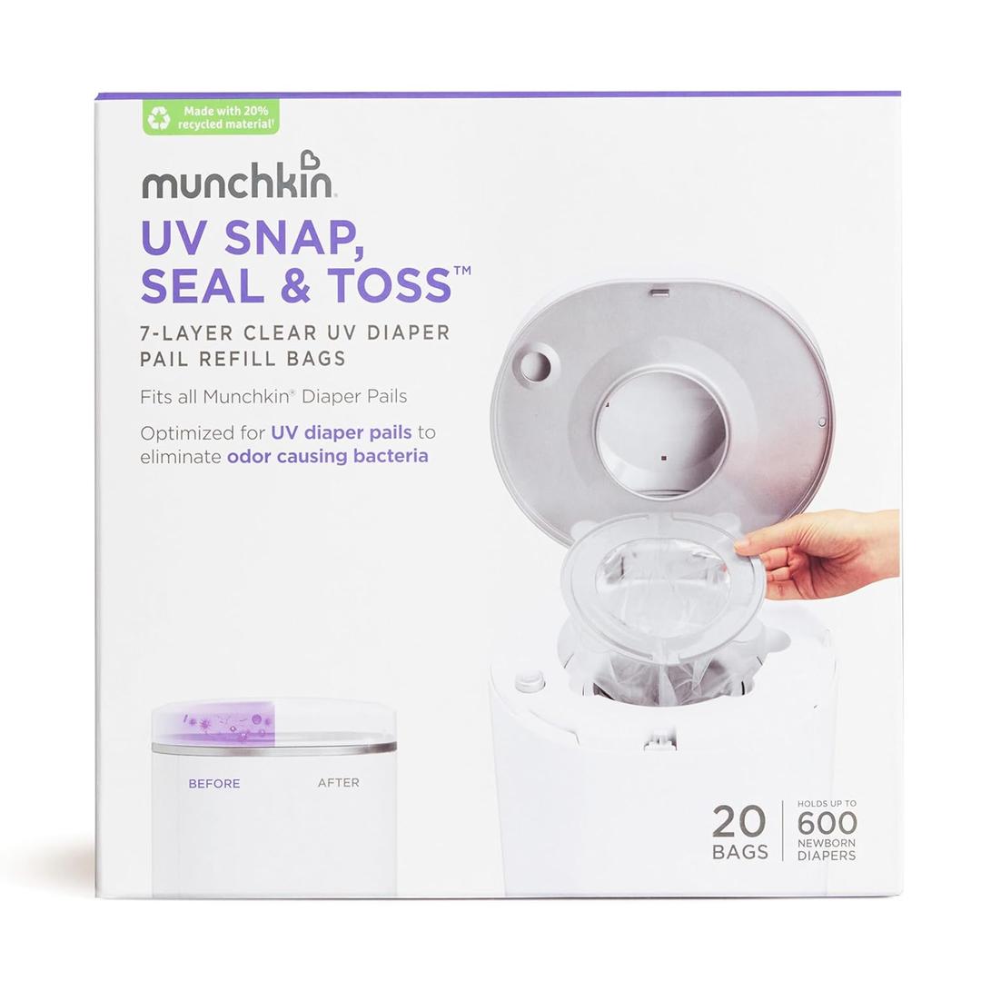 Munchkin UV Snap, Seal & Toss Diaper Pail Refill Bags, Holds up to 600 Newborn Diapers, 20 Pack