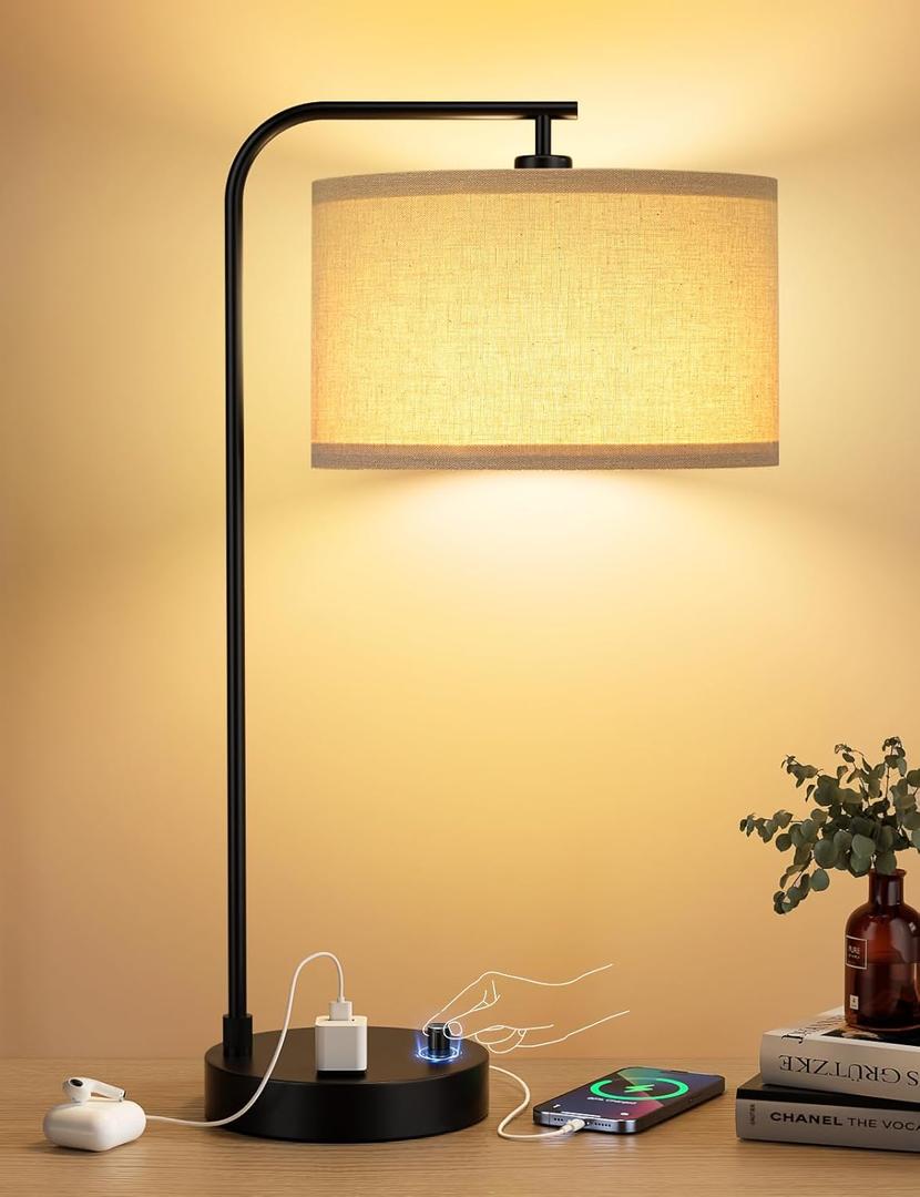 Innqoo Tall Table Lamp with USB Port and Outlet, Dimmable Nightstand Bedside Lamps with Linen Lampshade, Desk Lamp for Bedroom, Living Room, Guest Room, Home Office, LED Bulb Included (A-Beige Shade& Black Base)
