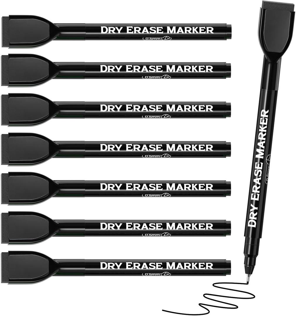 MaxGear Dry Erase Markers Ultra Fine Tip with Eraser, Black Magnetic Whiteboard Markers Extra Fine Point 0.5 mm Low Odor for White Board, School Supplies for Classroom, Home, Office, 8 Count