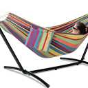 GAFETE Double Hammock with Stand for Outside, Upgraded Spreader Bar, Heavy Duty Space Saving Steel Stand 2 Person, Side Pockets, Easy Assembly, 600lbs Weight Capacity, Indoor & Outdoor (Classic Red)