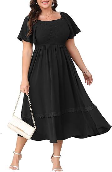 Maxi Dresses for Curvy Women Short Sleeve Square Neck Smocked Flowy Formal Wedding Guest Dress Lace Trim Black, 4XL