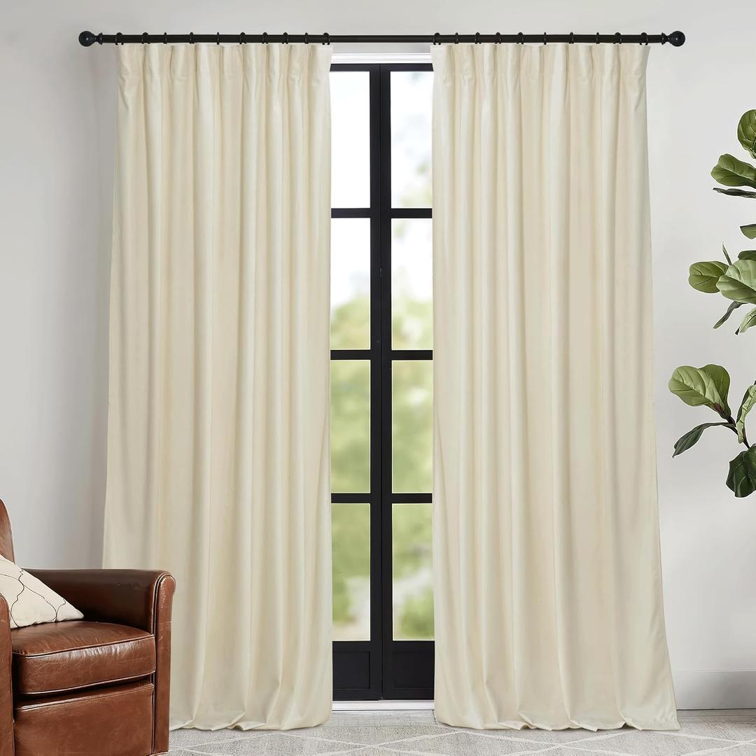 RYB HOME Beige Velvet Curtains 84 inches - Rod Pocket & Back Tab Boho Window Panels Privacy Theraml Insulted Drapes for Bedroom Bathroom, W52 x L84, 1 Pair