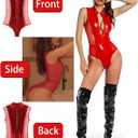 Leather Bodysuit Sexy One Piece Swimsuits Shiny PVC Jumpsuits Zip Up Leotard Sheer Teddy Outfit Lingerie Clubwear (Red, M)