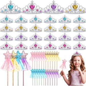 Janinka 48 Pcs Princess Party Favors 24 Tiara Crown for Little Girls 24 Glitter Star Fairy Wand Princess Crowns for Kids Birthday Party Accessories for Little one