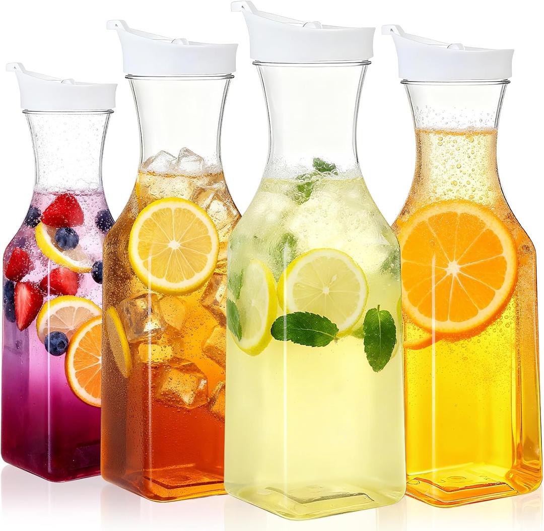 4 Pack Plastic Carafe with Lids, 1 Liter Large Mimosa Bar Juice Drink Containers Clear Beverage Square Base Bottle for Fridge, Water, Milk, Iced Tea, Hand Wash
