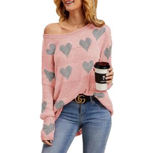 Chang Yun Women Off Shoulder Knitted Pullovers Sweater Loose Long Sleeve Hearts Printed Ripped Tops (Large, Active Pink)